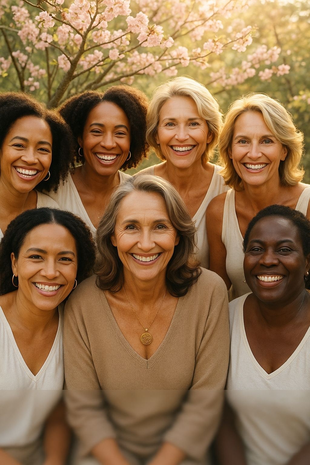 A group of happy and healthy women under cherry blossoms in nature