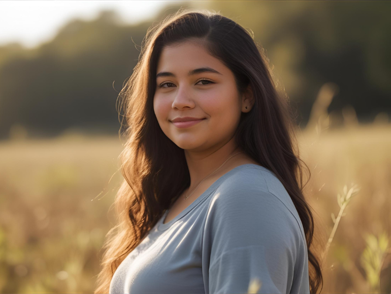 A young woman with brown hair and brown eyes, looking confident and a background of a field in nature.