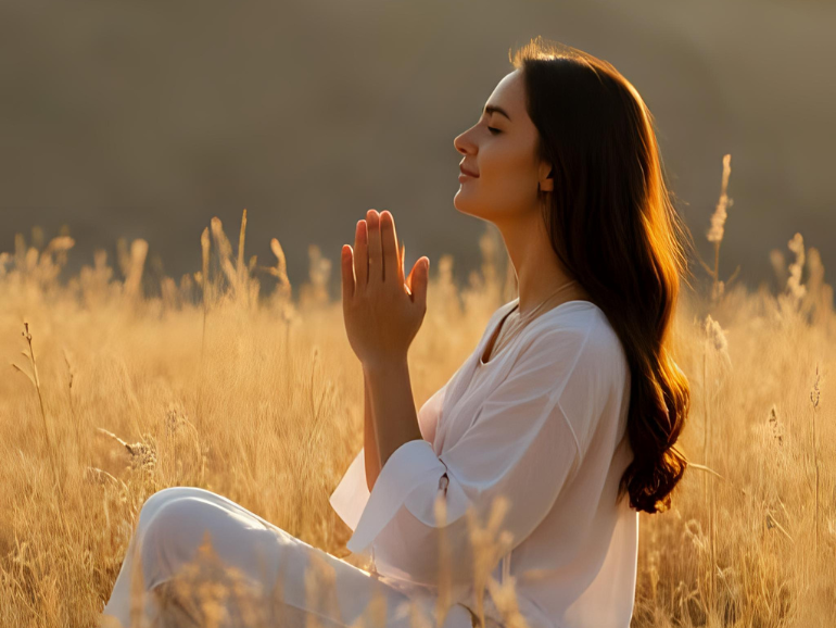 A young, Asian woman with her hands folded, meditating in a field of grains.
