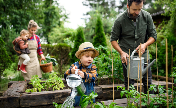 A family tending a permaculture garden