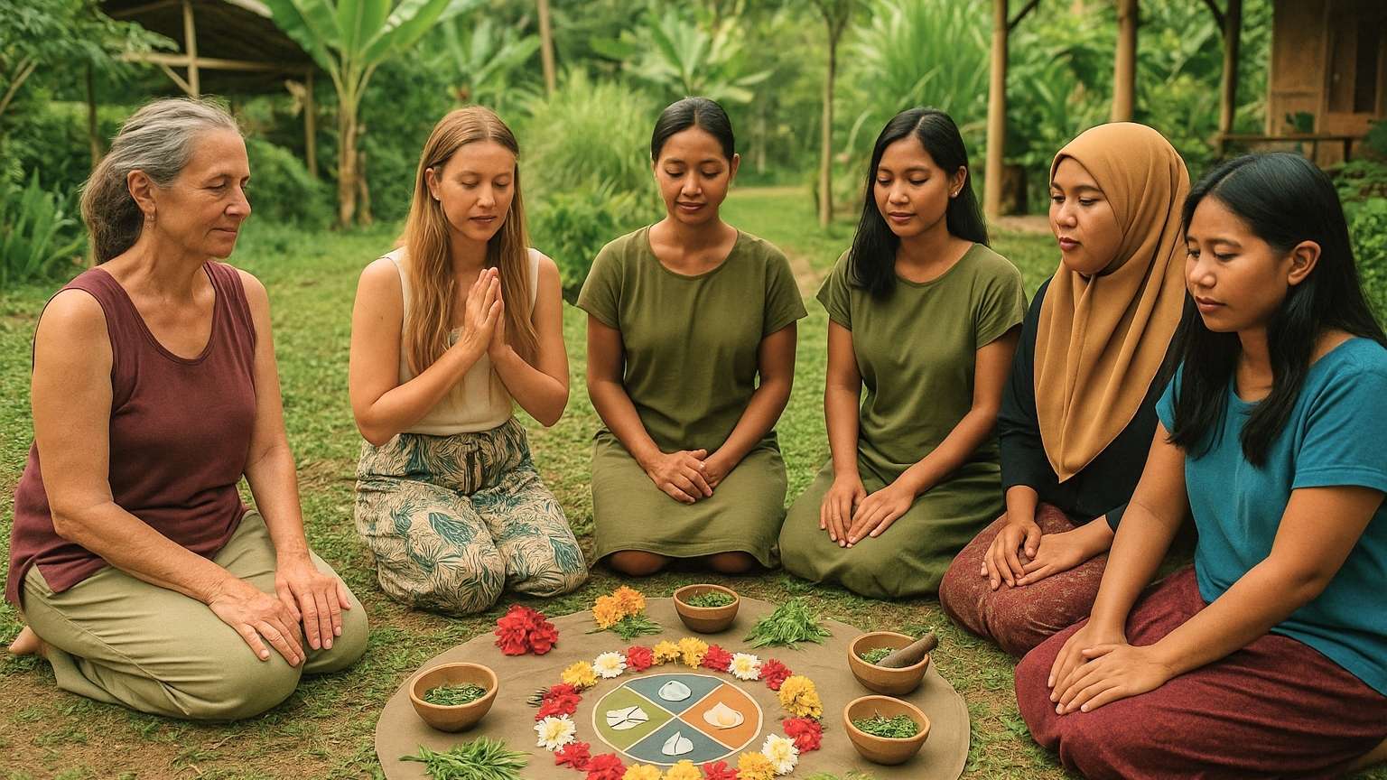 Frauen unterschiedlichen Alters und ethnischer Herkunft in einem Kreis sitzend in einem Gesundheits-Retreat in einem Ökodorf in der Natur